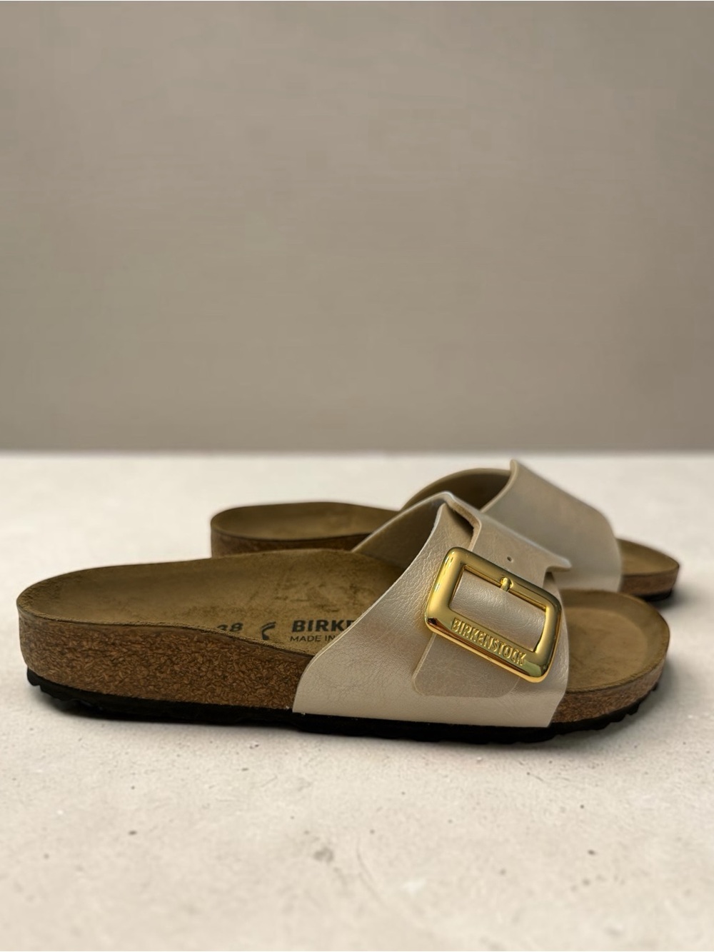 Birkenstock Madrid Graceful Pearl White Single-Buckle Slide Sandals - Picture 4 of 8